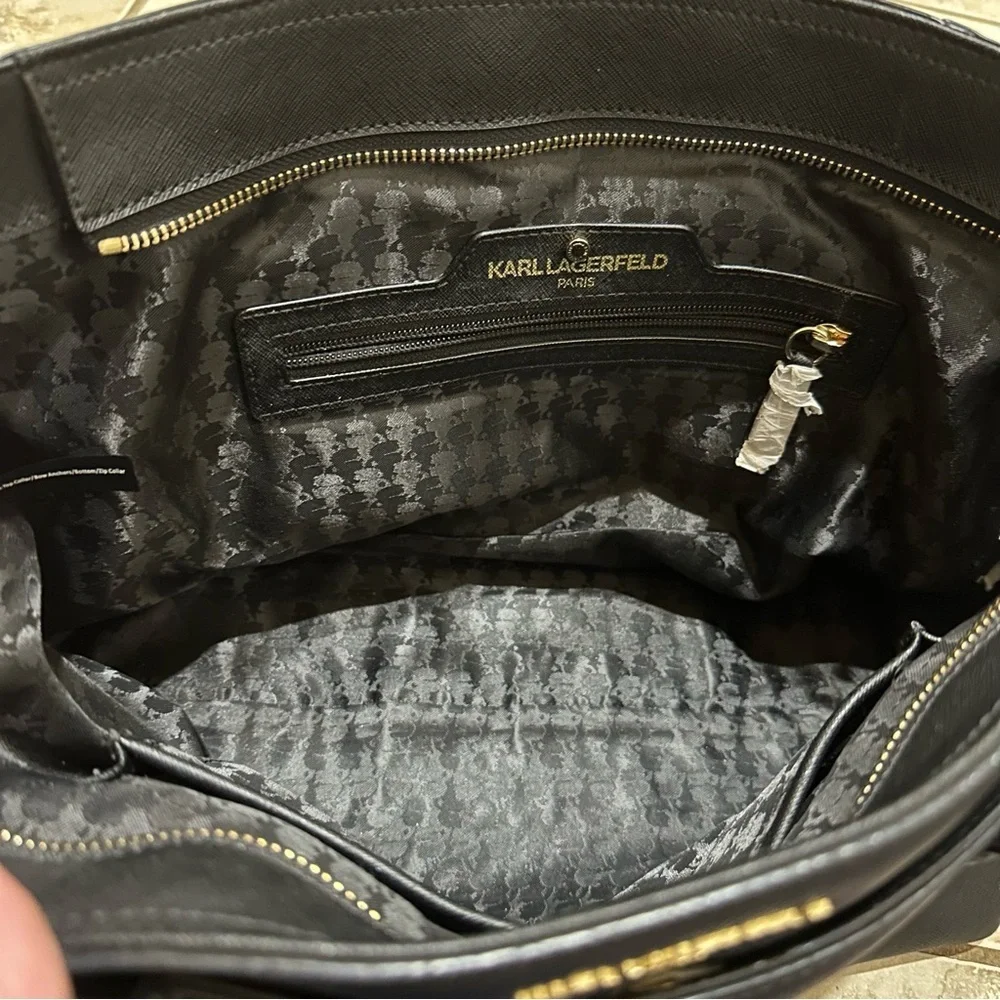 Karl Lagerfeld Paris Black Leather Tote Bag Saffiano Gold Hardware Large Handbag